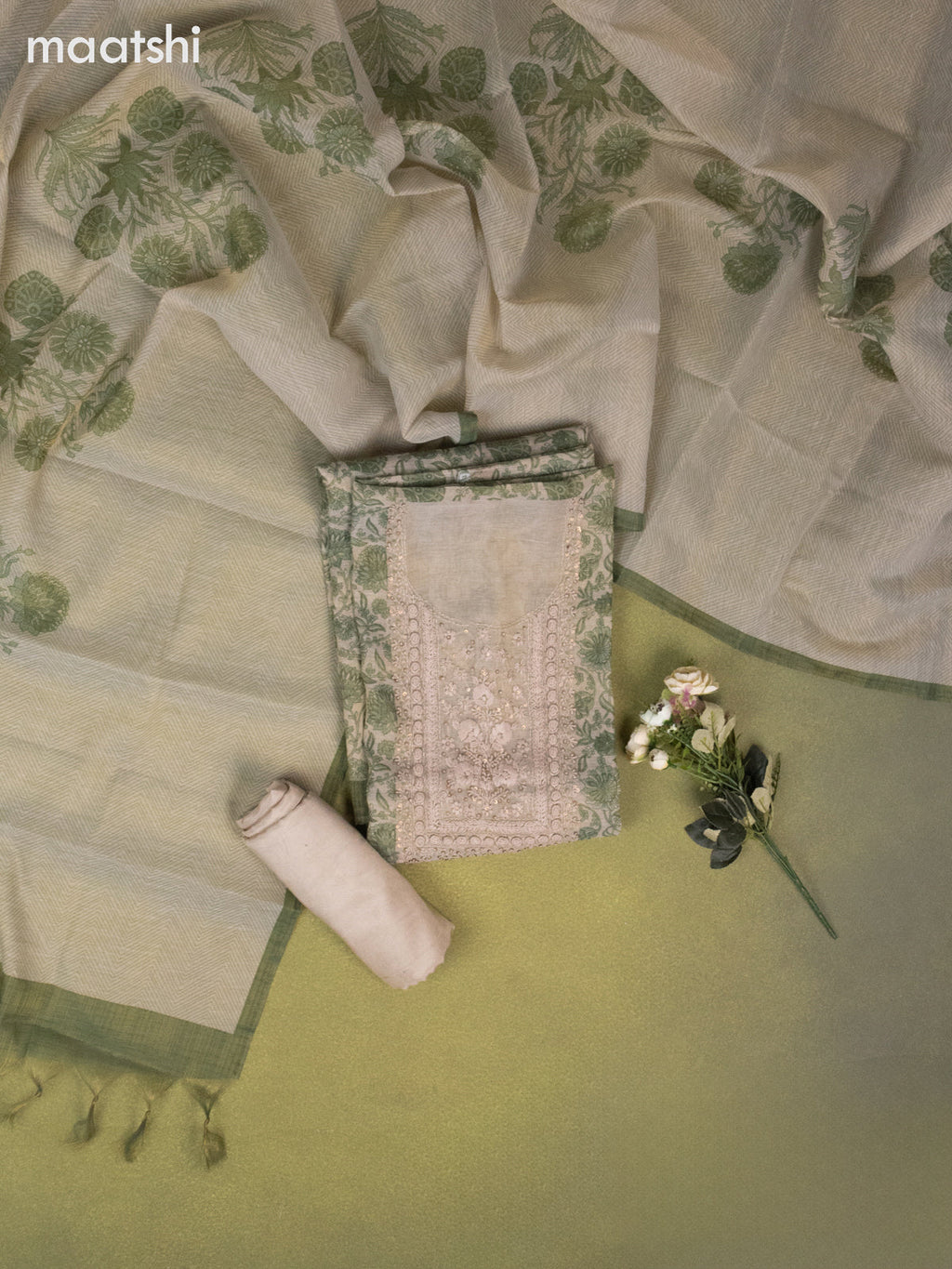 Tissue linen dress material beige and green with allover kalamkari prints & embroidery kantha stich work neck pattern and bottom & dupatta