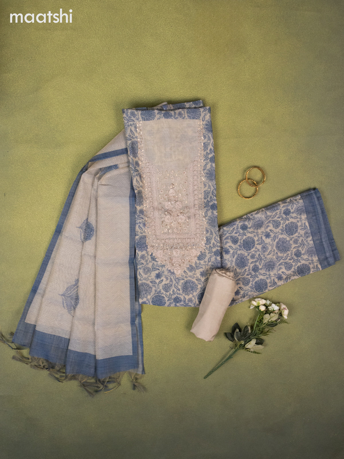 Tissue linen dress material beige and blue with allover kalamkari prints & embroidery kantha stich work neck pattern and bottom & dupatta