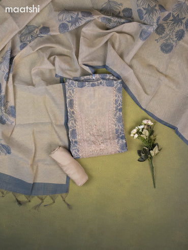 Tissue linen dress material beige and blue with allover kalamkari prints & embroidery kantha stich work neck pattern and bottom & dupatta