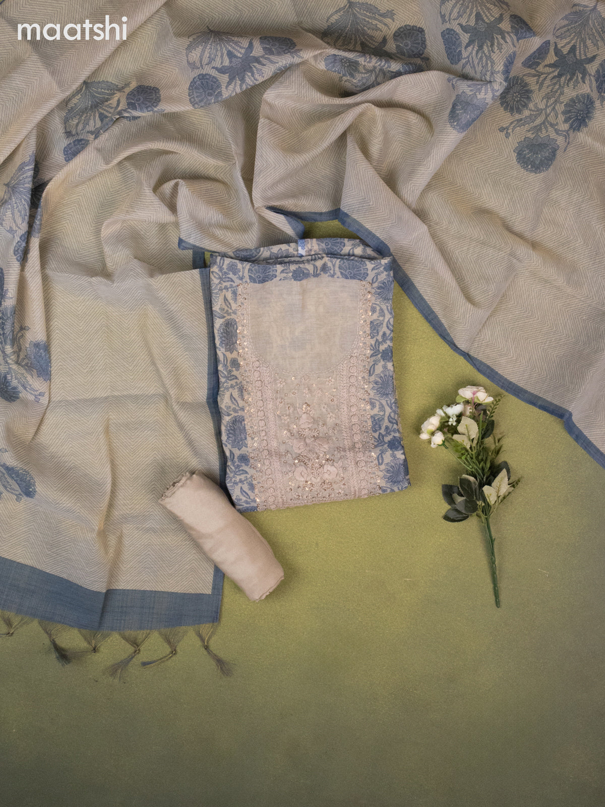 Tissue linen dress material beige and blue with allover kalamkari prints & embroidery kantha stich work neck pattern and bottom & dupatta