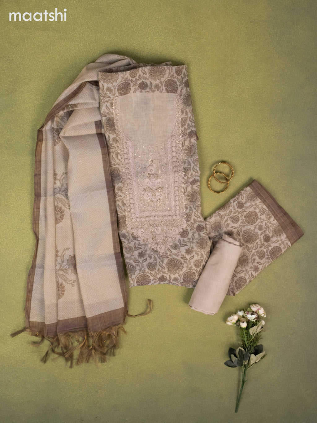 Tissue linen dress material beige and mehendi green with allover kalamkari prints & embroidery kantha stich work neck pattern and bottom & dupatta