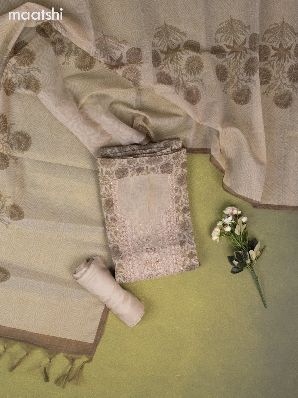 Tissue linen dress material beige and mehendi green with allover kalamkari prints & embroidery kantha stich work neck pattern and bottom & dupatta