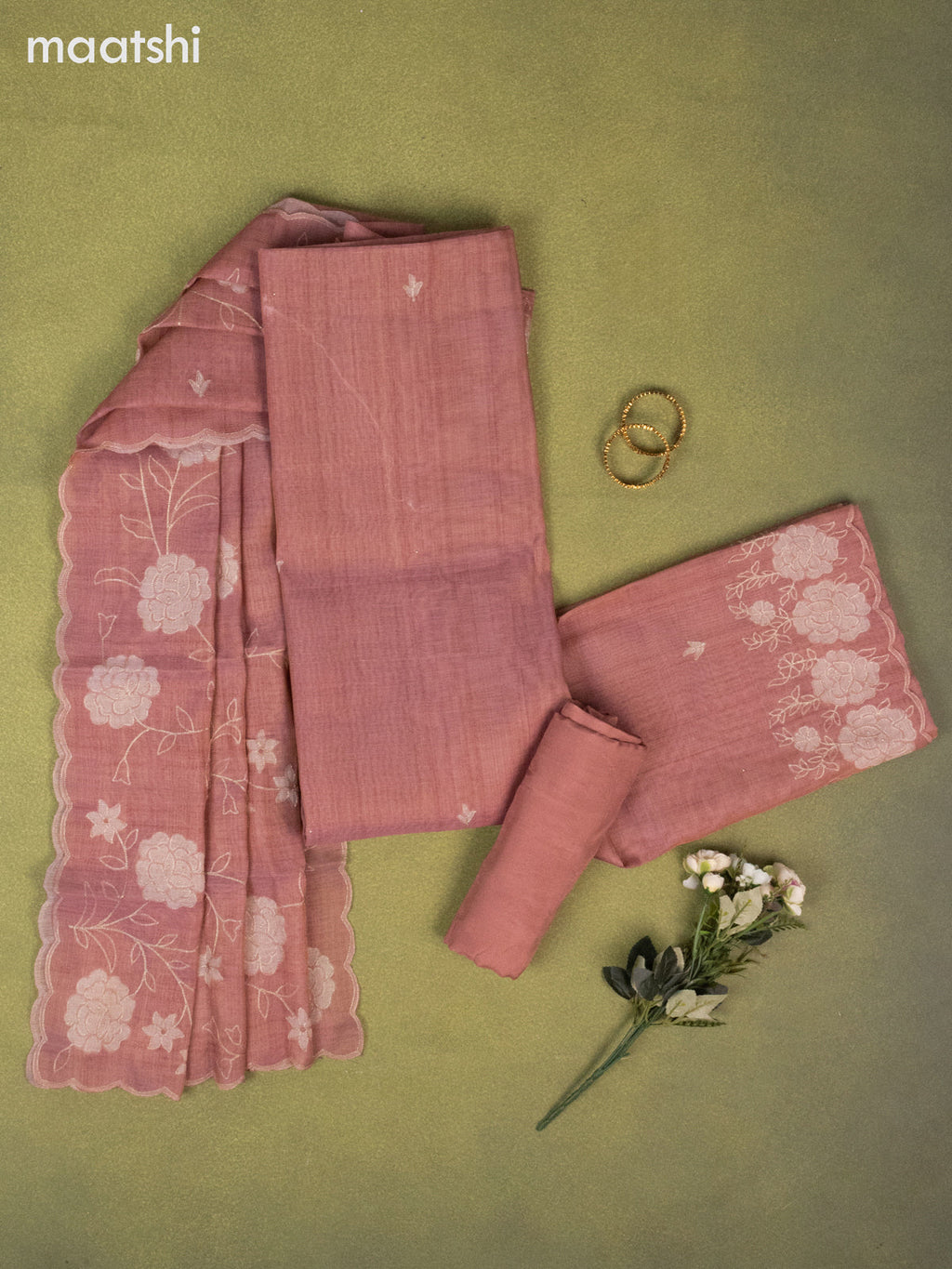 Tissue linen dress material dark peach with buttas & embroidery work and bottom & dupatta