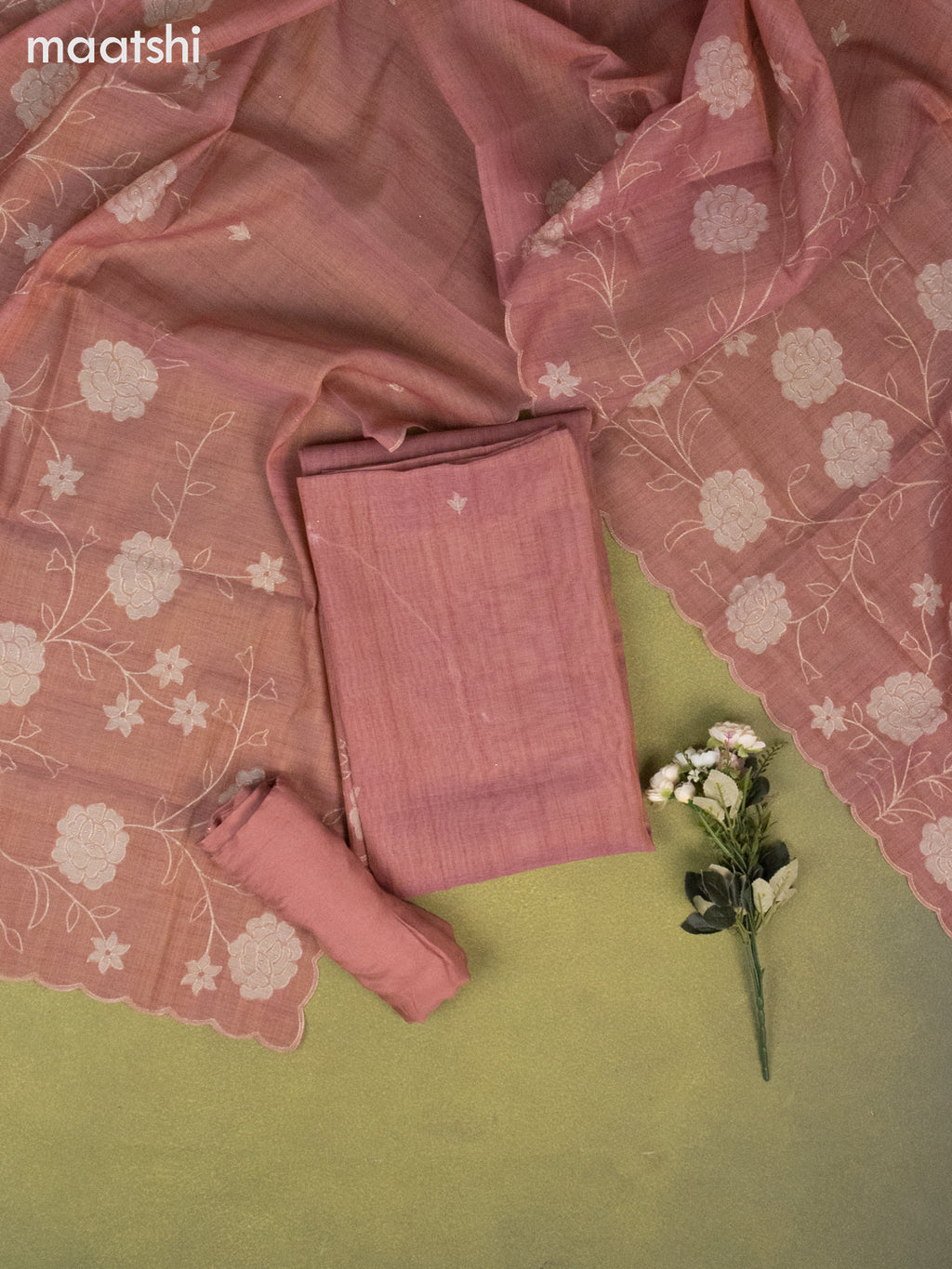 Tissue linen dress material dark peach with buttas & embroidery work and bottom & dupatta