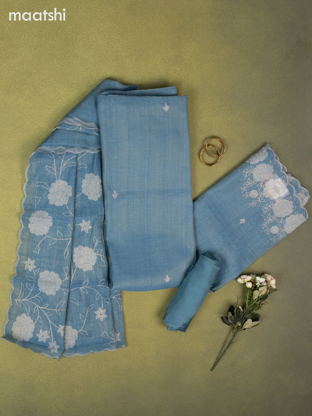 Tissue linen dress material pastel blue with buttas & embroidery work and bottom & dupatta
