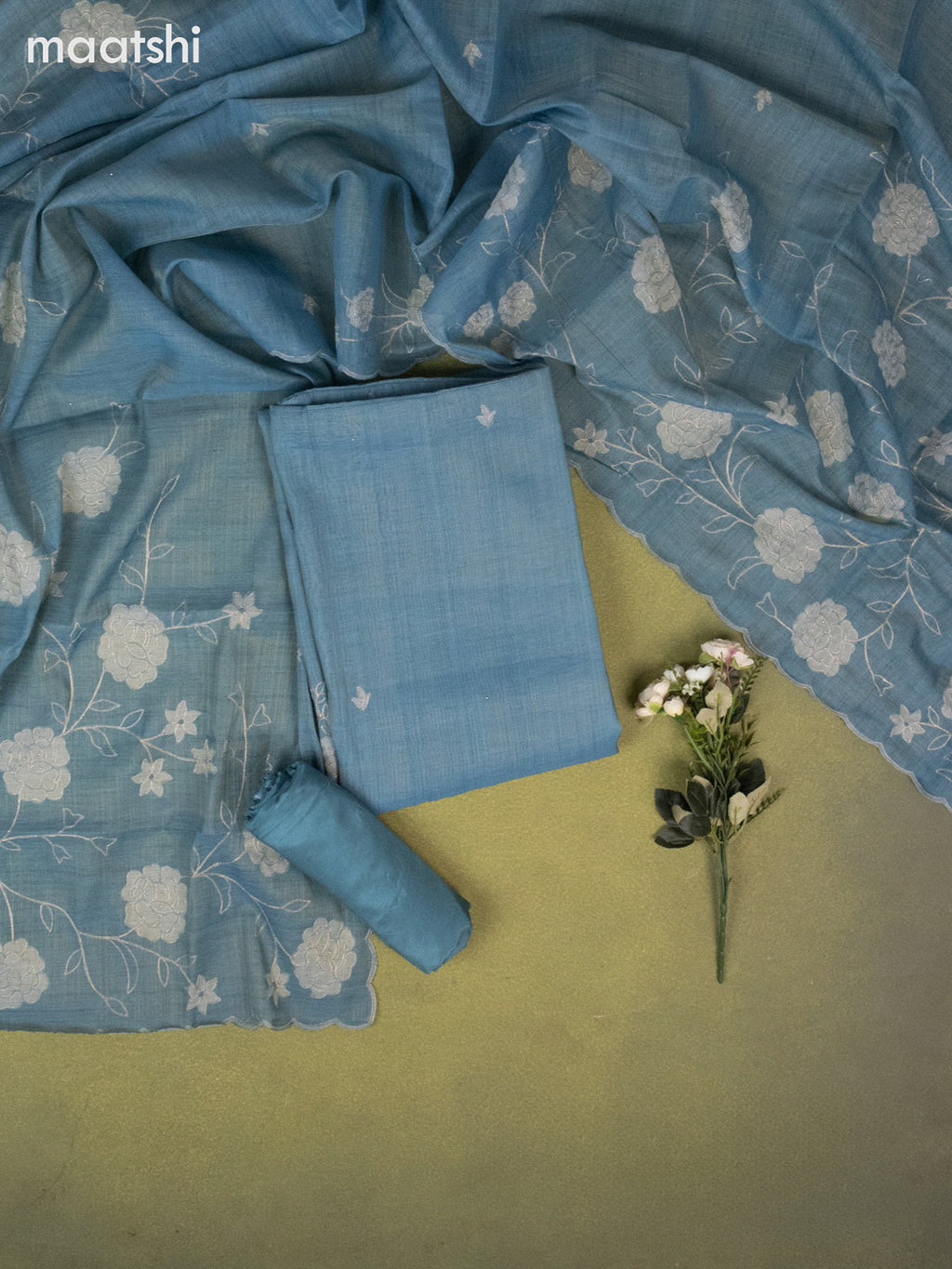 Tissue linen dress material pastel blue with buttas & embroidery work and bottom & dupatta