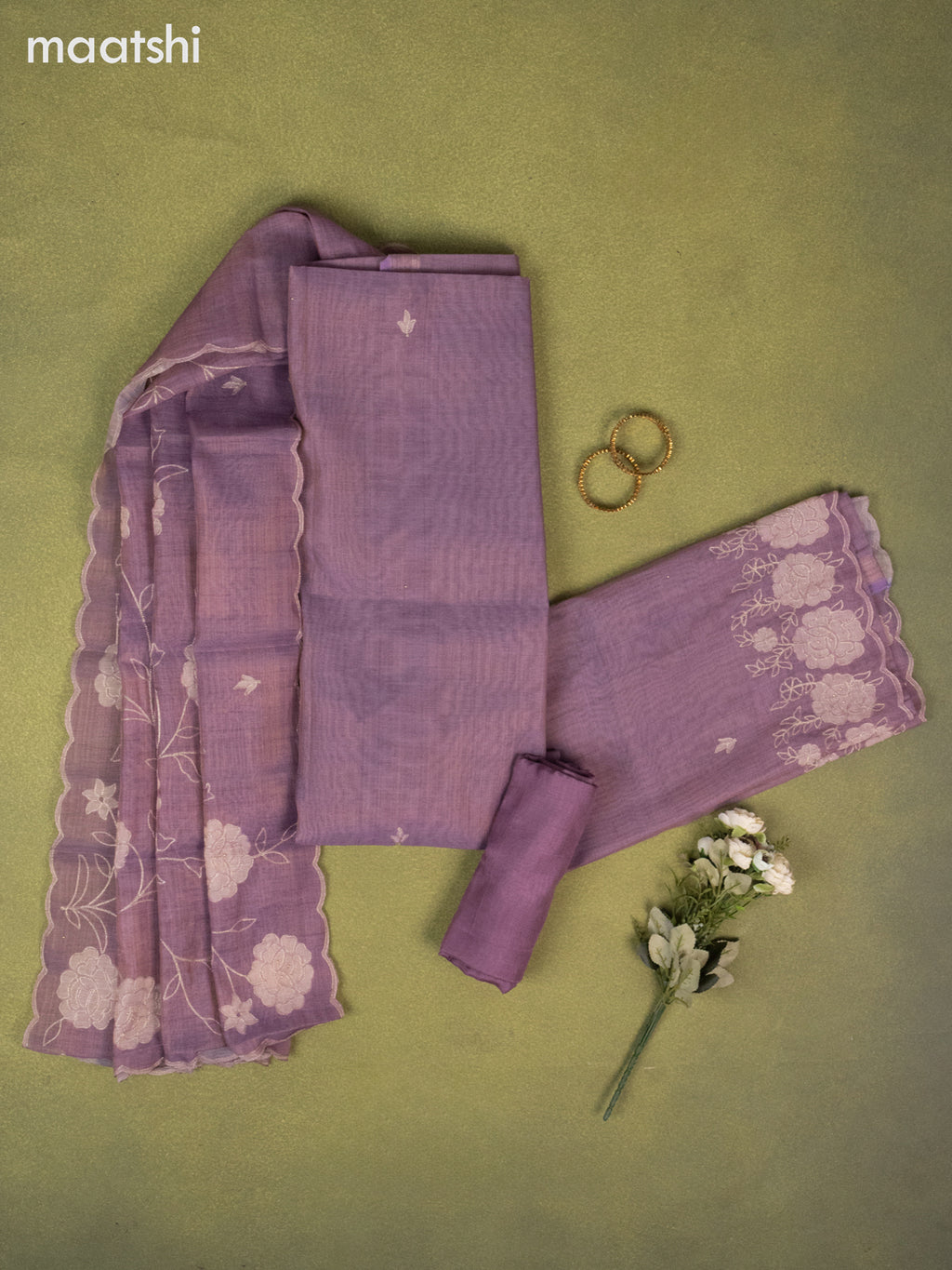 Tissue linen dress material pastel purple with buttas & embroidery work and bottom & dupatta