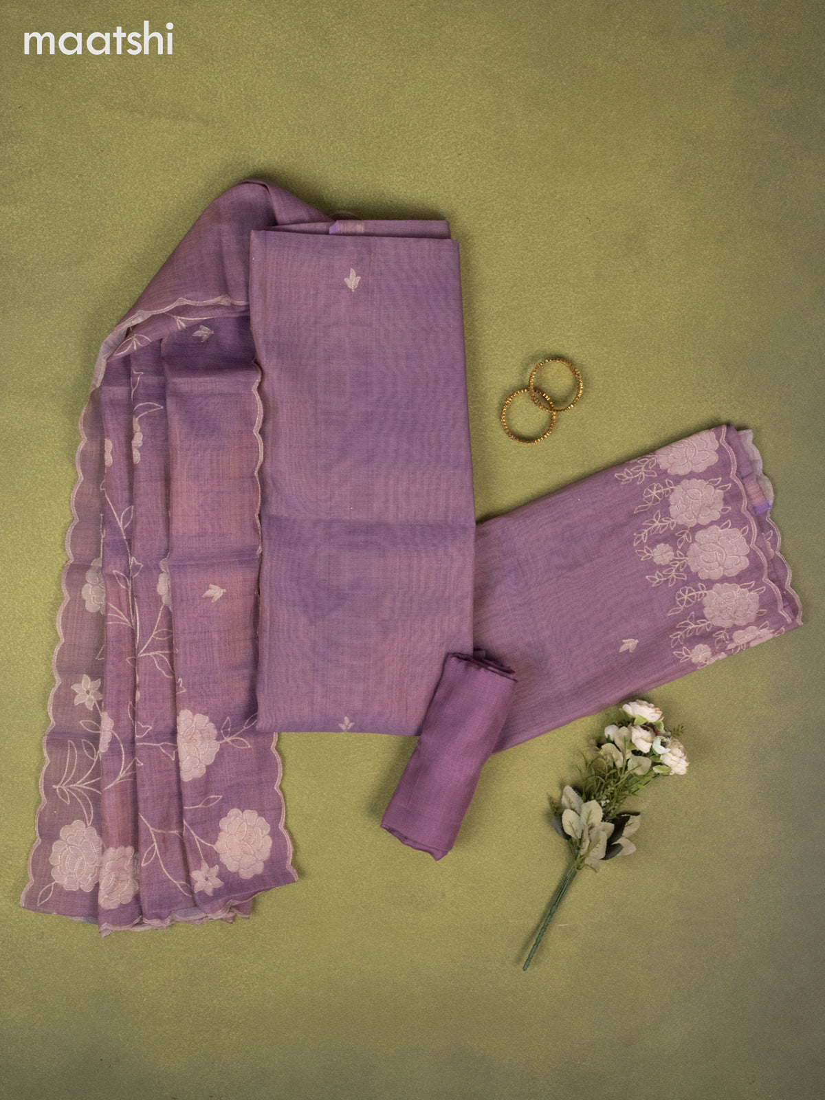 Tissue linen dress material pastel purple with buttas & embroidery work and bottom & dupatta