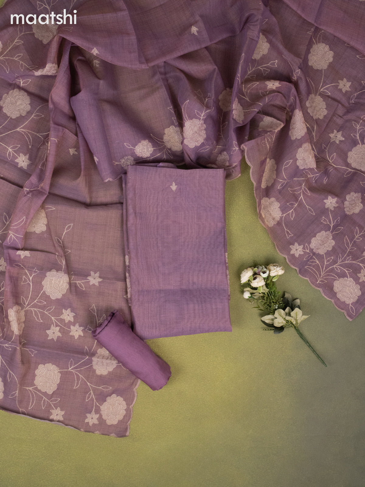 Tissue linen dress material pastel purple with buttas & embroidery work and bottom & dupatta