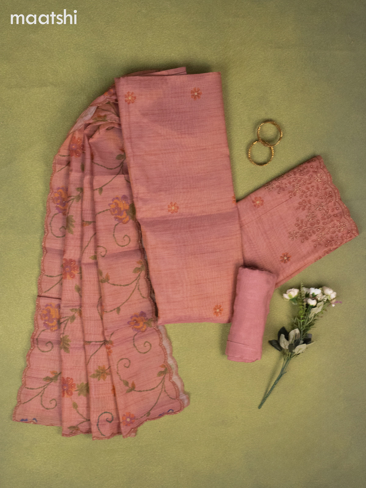 Tissue linen dress material dark peach with floral buttas & embroidery beaded work and bottom & dupatta