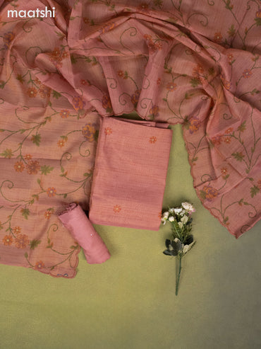Tissue linen dress material dark peach with floral buttas & embroidery beaded work and bottom & dupatta