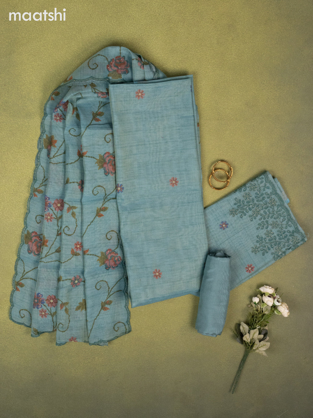 Tissue linen dress material teal green shade with floral buttas & embroidery beaded work and bottom & dupatta