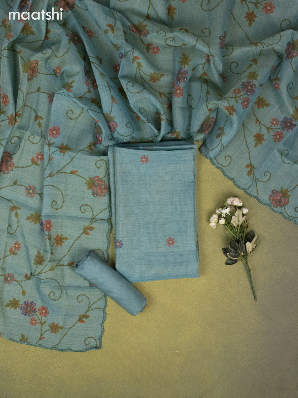 Tissue linen dress material teal green shade with floral buttas & embroidery beaded work and bottom & dupatta