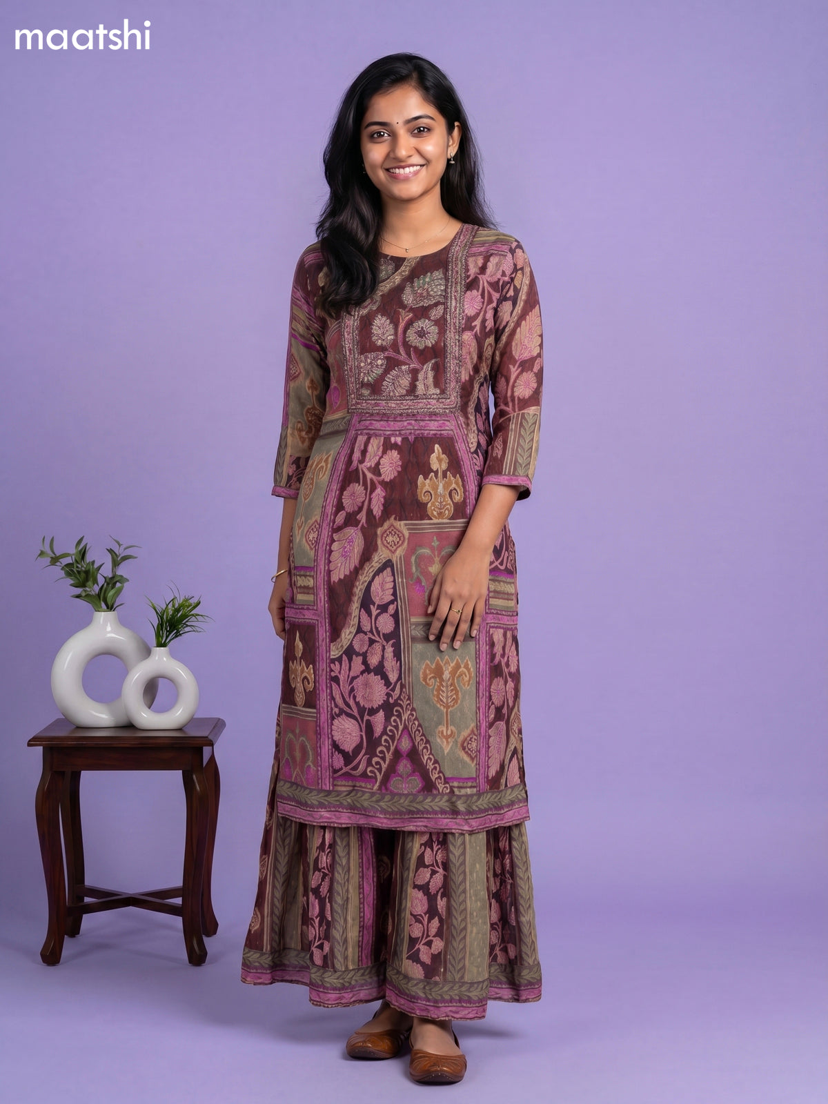 Brown Chinnon Silk Embroidery Work Long Anarkali Kurti Without Pant