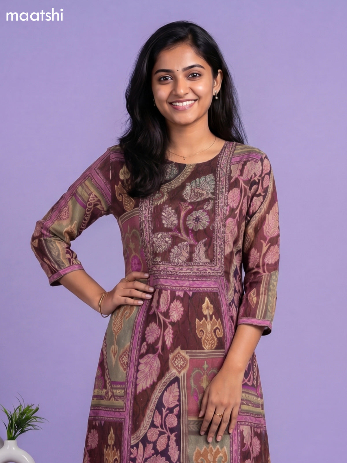 Brown Chinnon Silk Embroidery Work Long Anarkali Kurti Without Pant