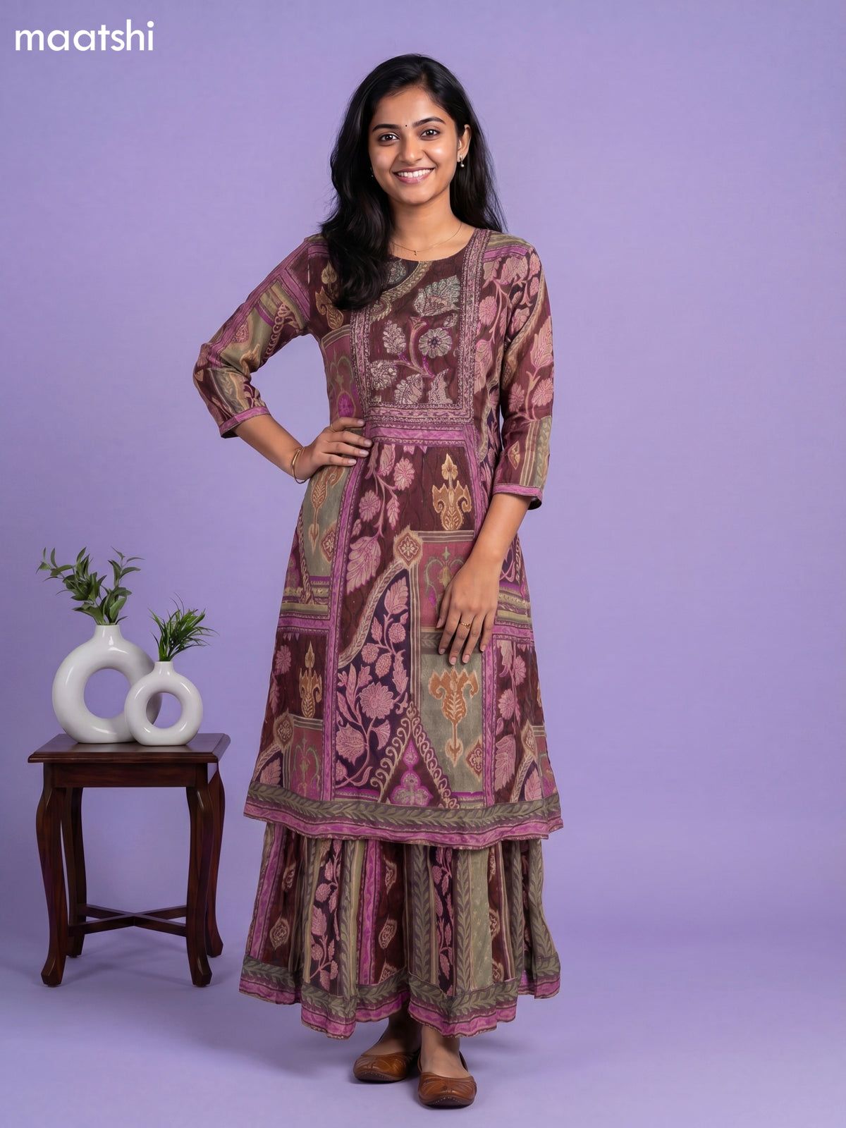 Brown Chinnon Silk Embroidery Work Long Anarkali Kurti Without Pant