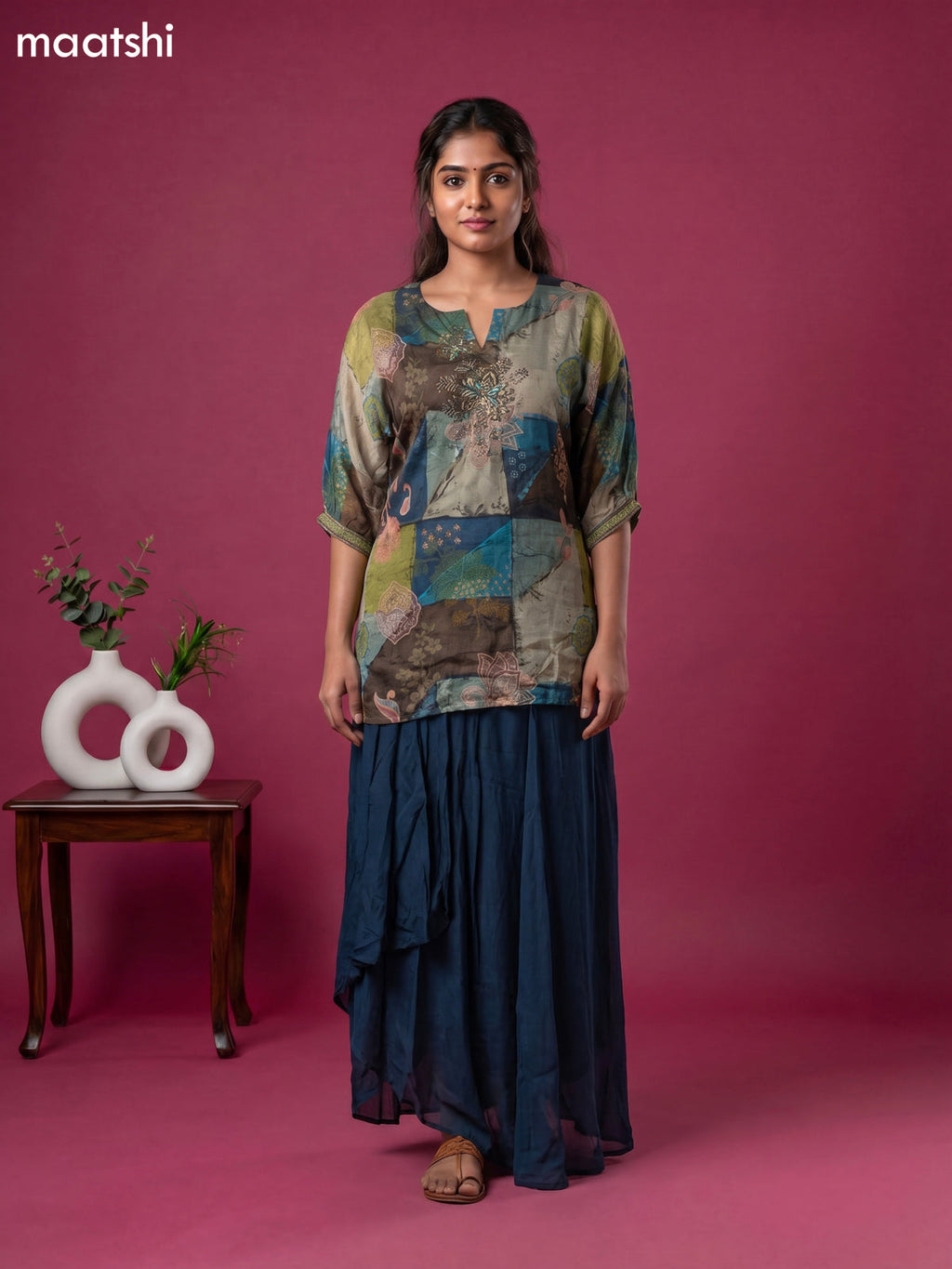 Peacock Blue Chinnon Silk Allover Prints & Embroidery Work Short Co-Ord Set