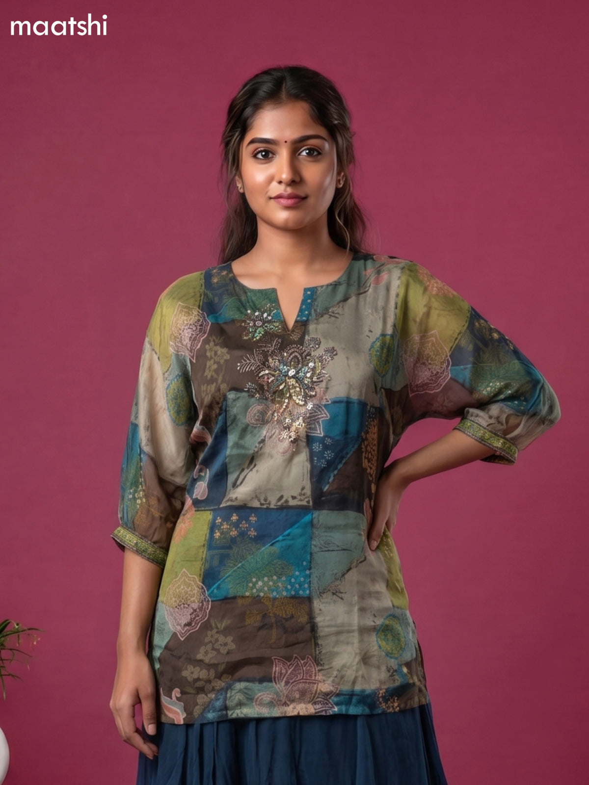 Peacock Blue Chinnon Silk Allover Prints & Embroidery Work Short Co-Ord Set
