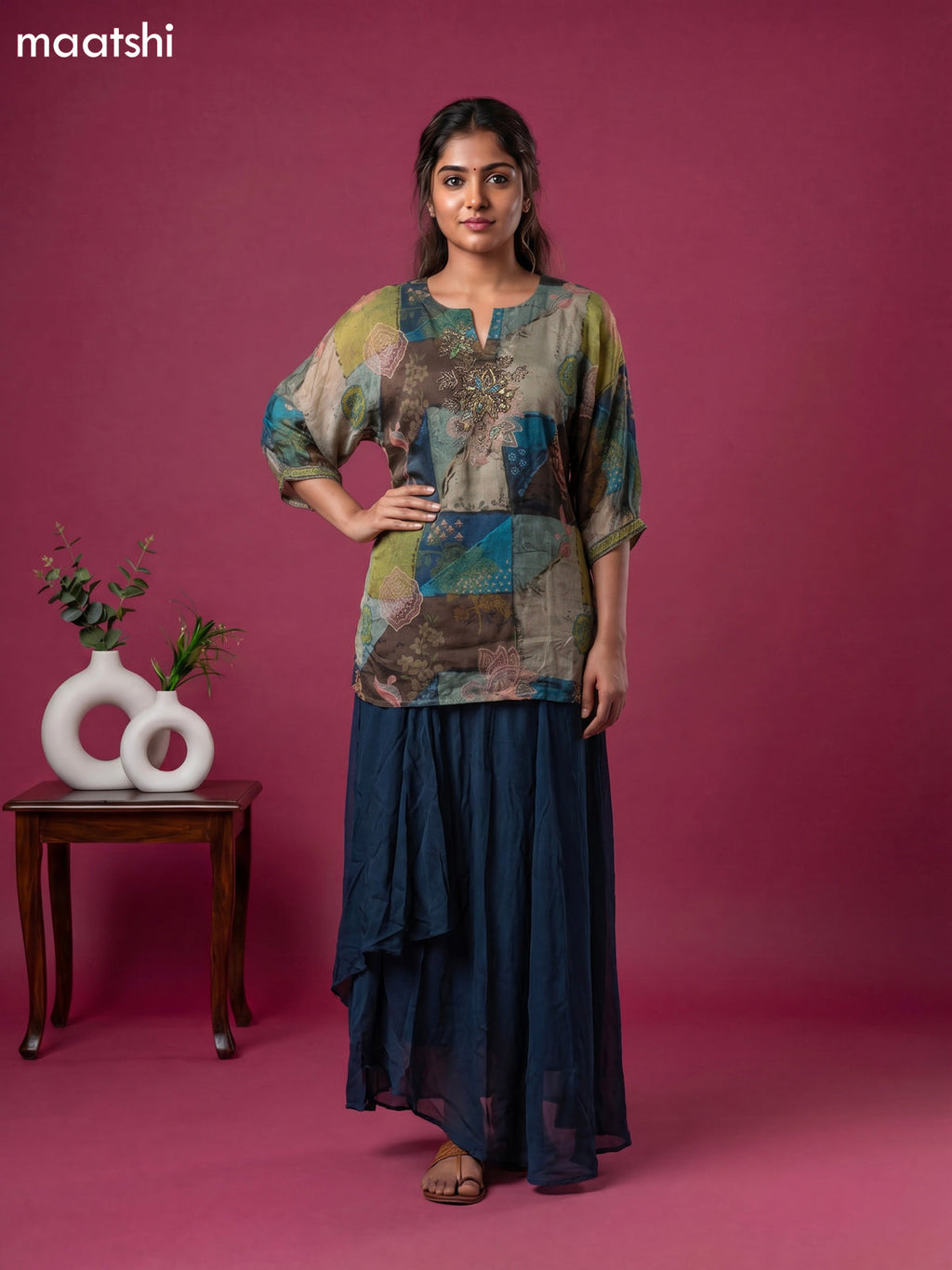 Peacock Blue Chinnon Silk Allover Prints & Embroidery Work Short Co-Ord Set