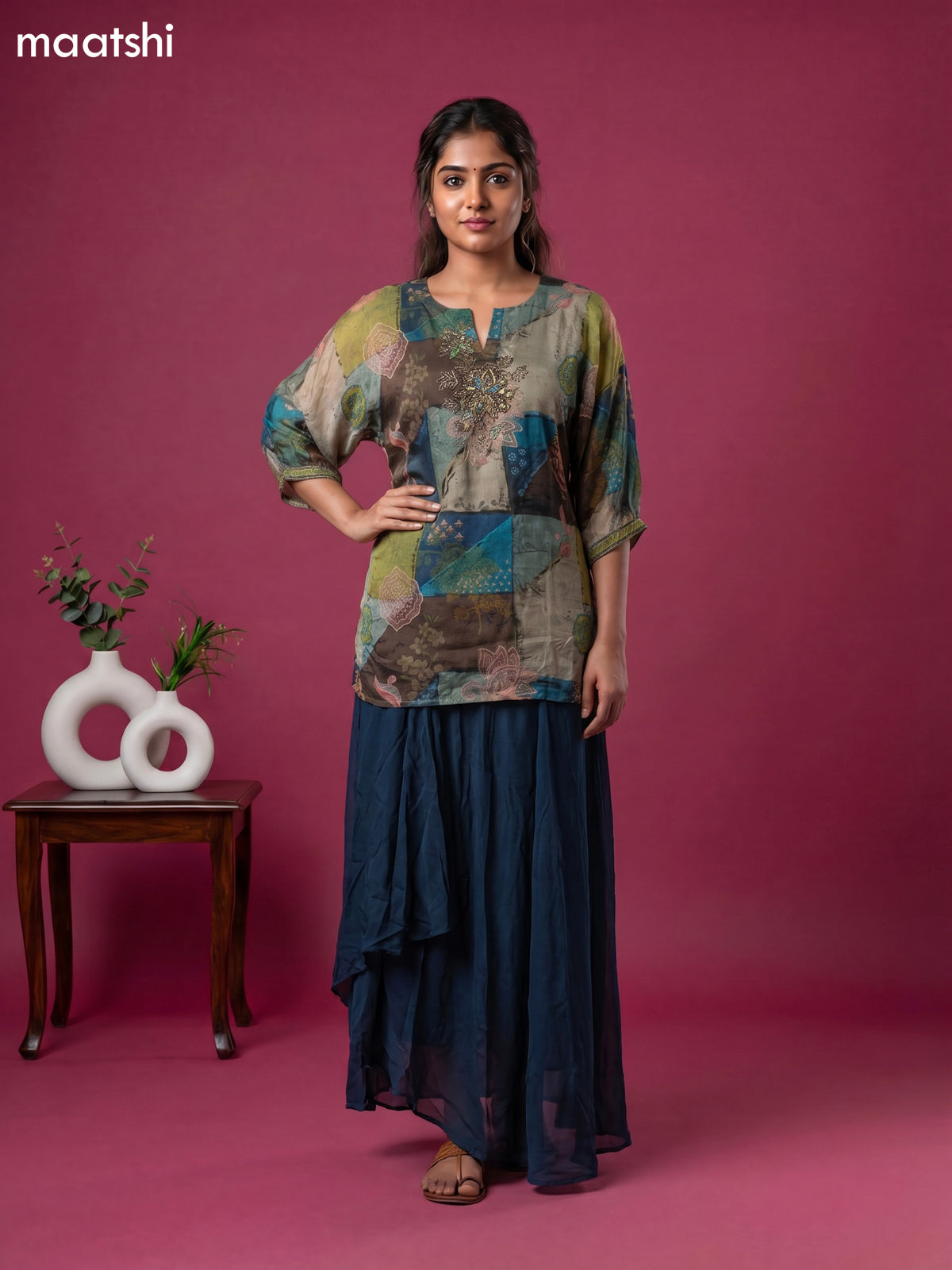 Peacock Blue Chinnon Silk Allover Prints & Embroidery Work Short Co-Ord Set
