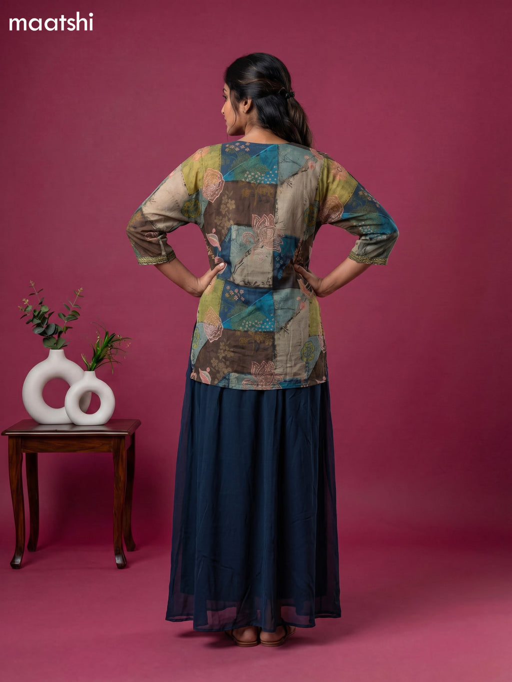 Peacock Blue Chinnon Silk Allover Prints & Embroidery Work Short Co-Ord Set