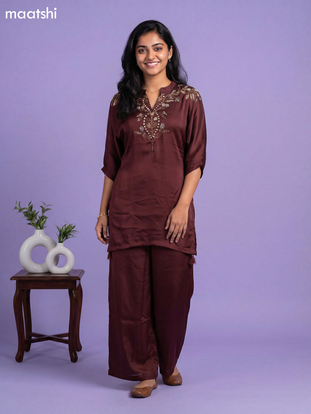 Dark Brown Chanderi Embroidery Work Short Co-Ord Set
