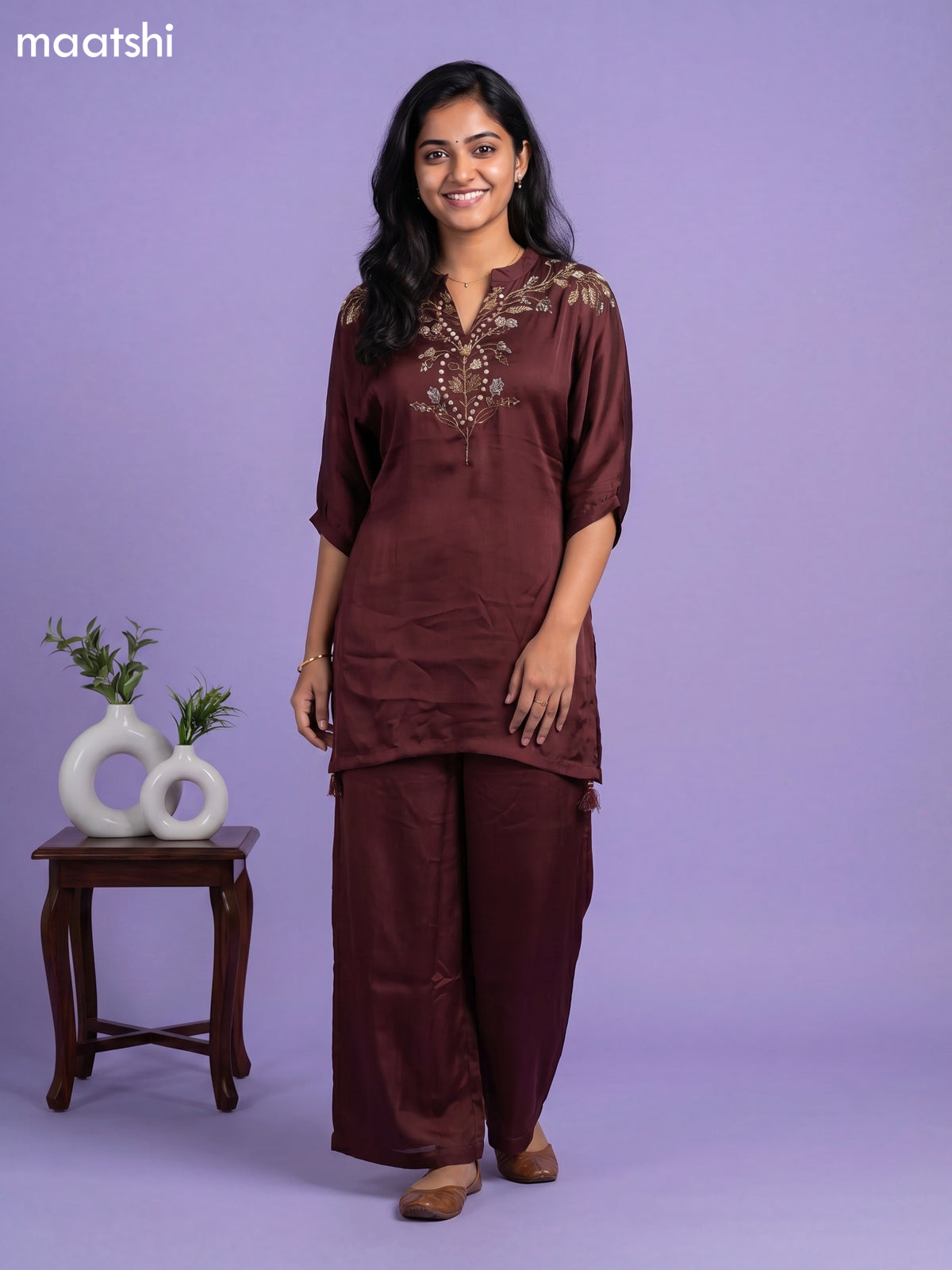 Dark Brown Chanderi Embroidery Work Short Co-Ord Set