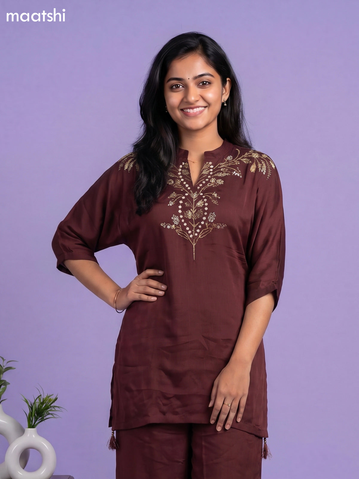 Dark Brown Chanderi Embroidery Work Short Co-Ord Set