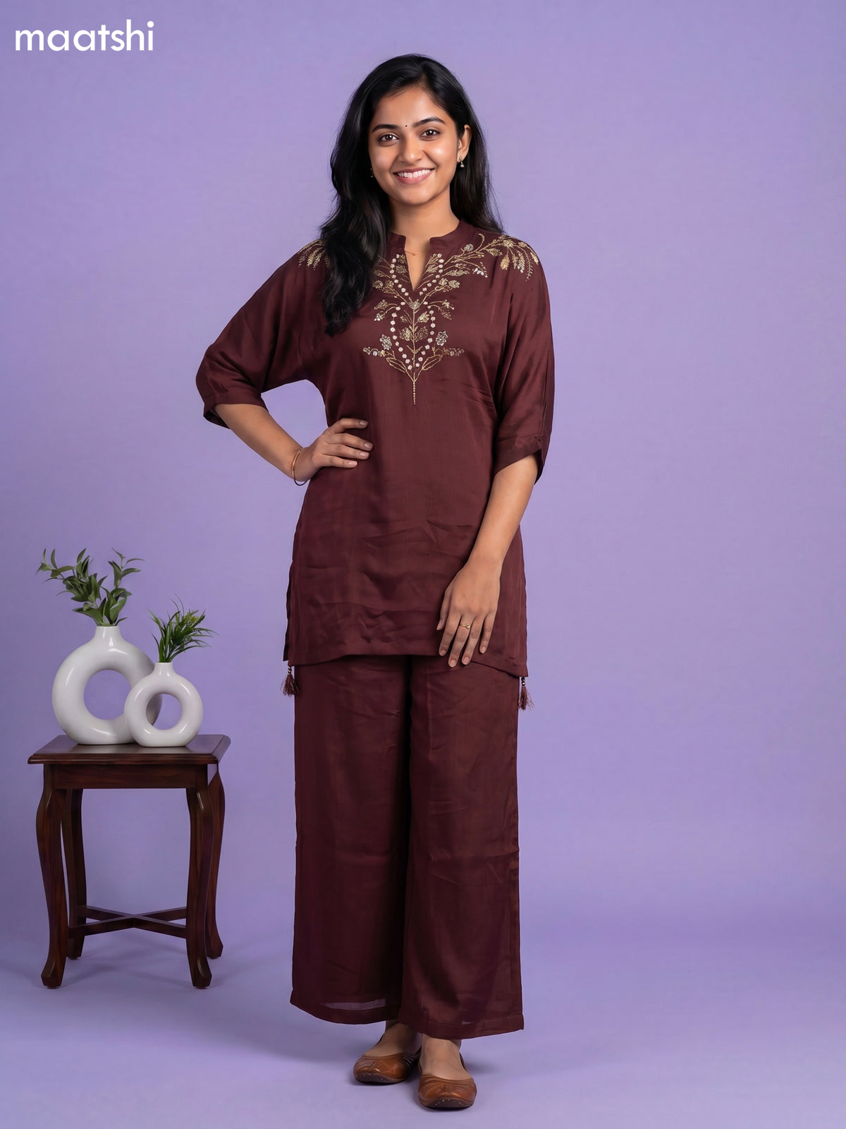 Dark Brown Chanderi Embroidery Work Short Co-Ord Set