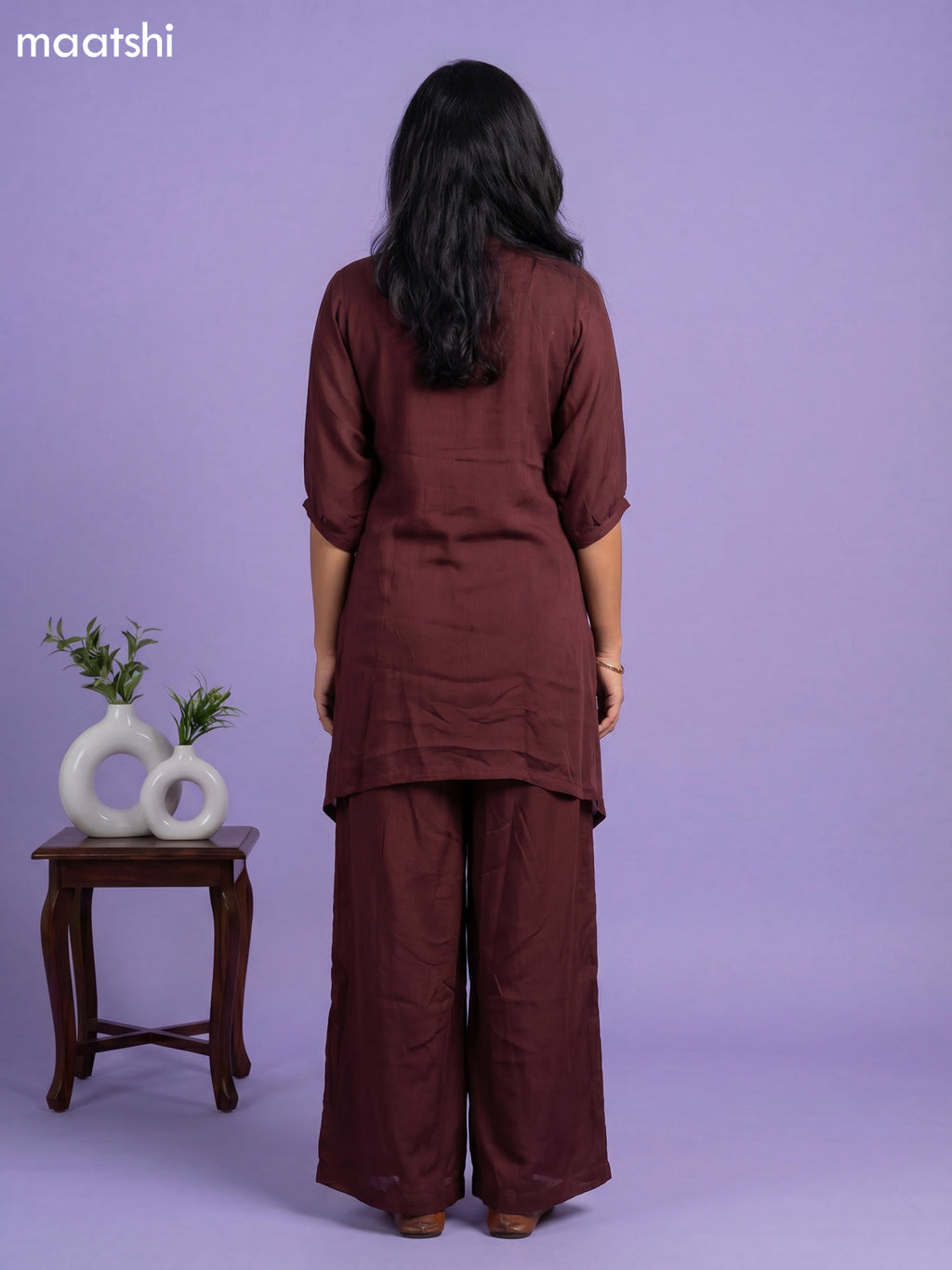 Dark Brown Chanderi Embroidery Work Short Co-Ord Set