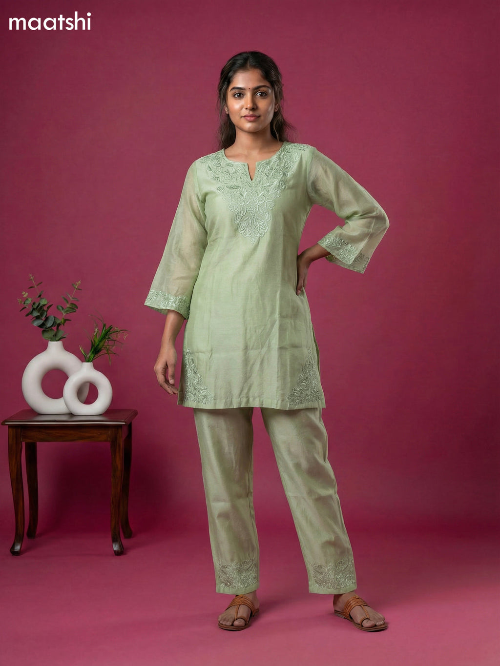 Pista Green Chanderi Embroidery Work Short Co-Ord Set