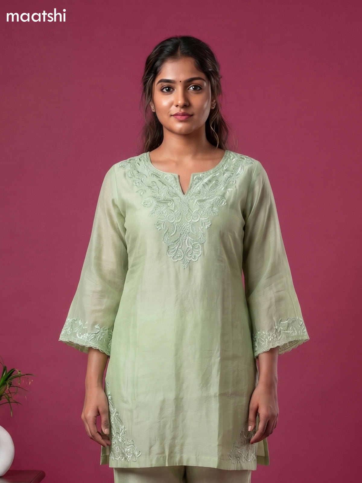 Pista Green Chanderi Embroidery Work Short Co-Ord Set