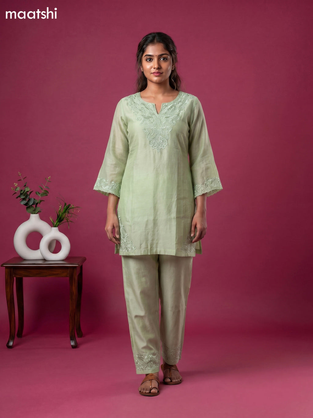 Pista Green Chanderi Embroidery Work Short Co-Ord Set