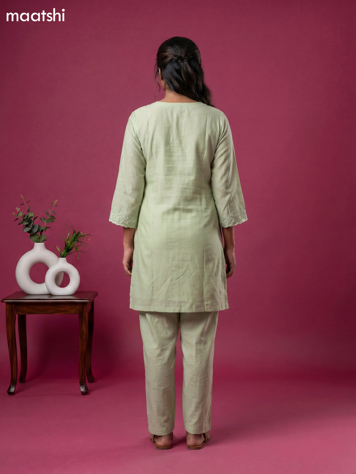 Pista Green Chanderi Embroidery Work Short Co-Ord Set