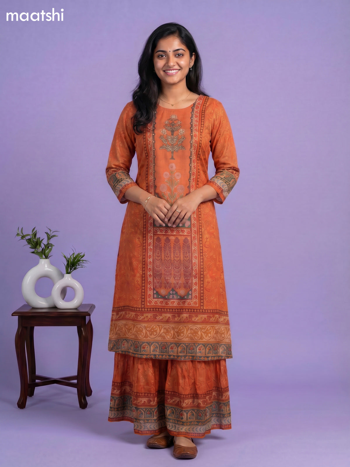 Rust Orange Chinnon Silk Floral Prnted & Embroidery Work Long Anarkali Kurti Without Pant