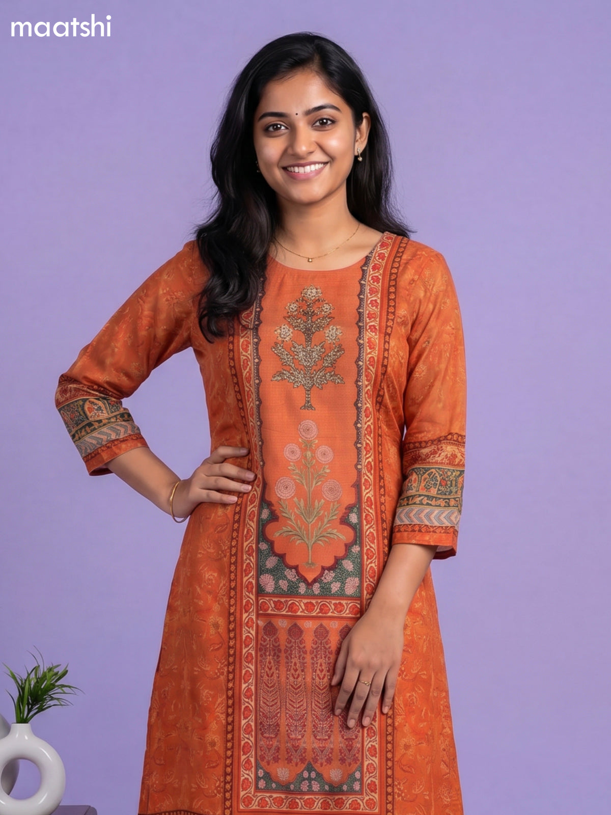 Rust Orange Chinnon Silk Floral Prnted & Embroidery Work Long Anarkali Kurti Without Pant