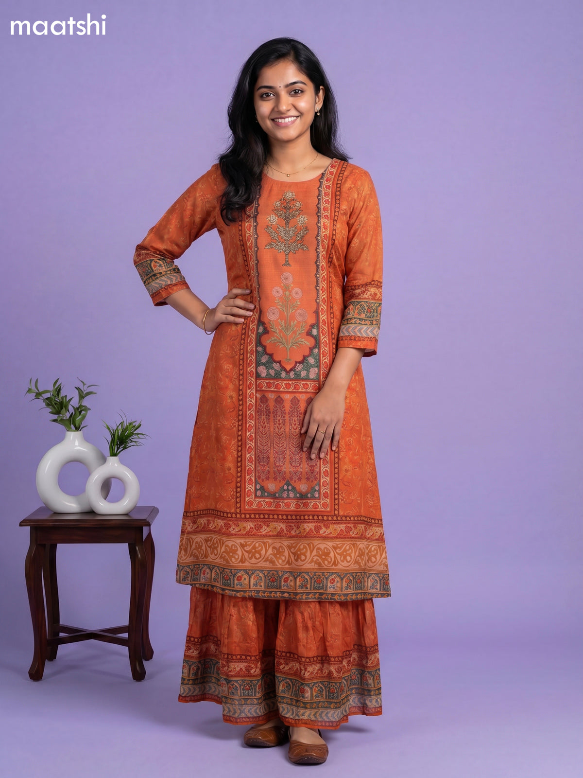 Rust Orange Chinnon Silk Floral Prnted & Embroidery Work Long Anarkali Kurti Without Pant