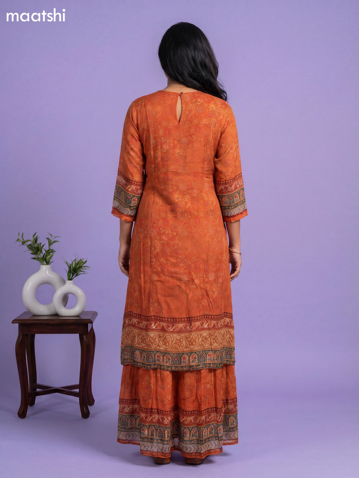 Rust Orange Chinnon Silk Floral Prnted & Embroidery Work Long Anarkali Kurti Without Pant