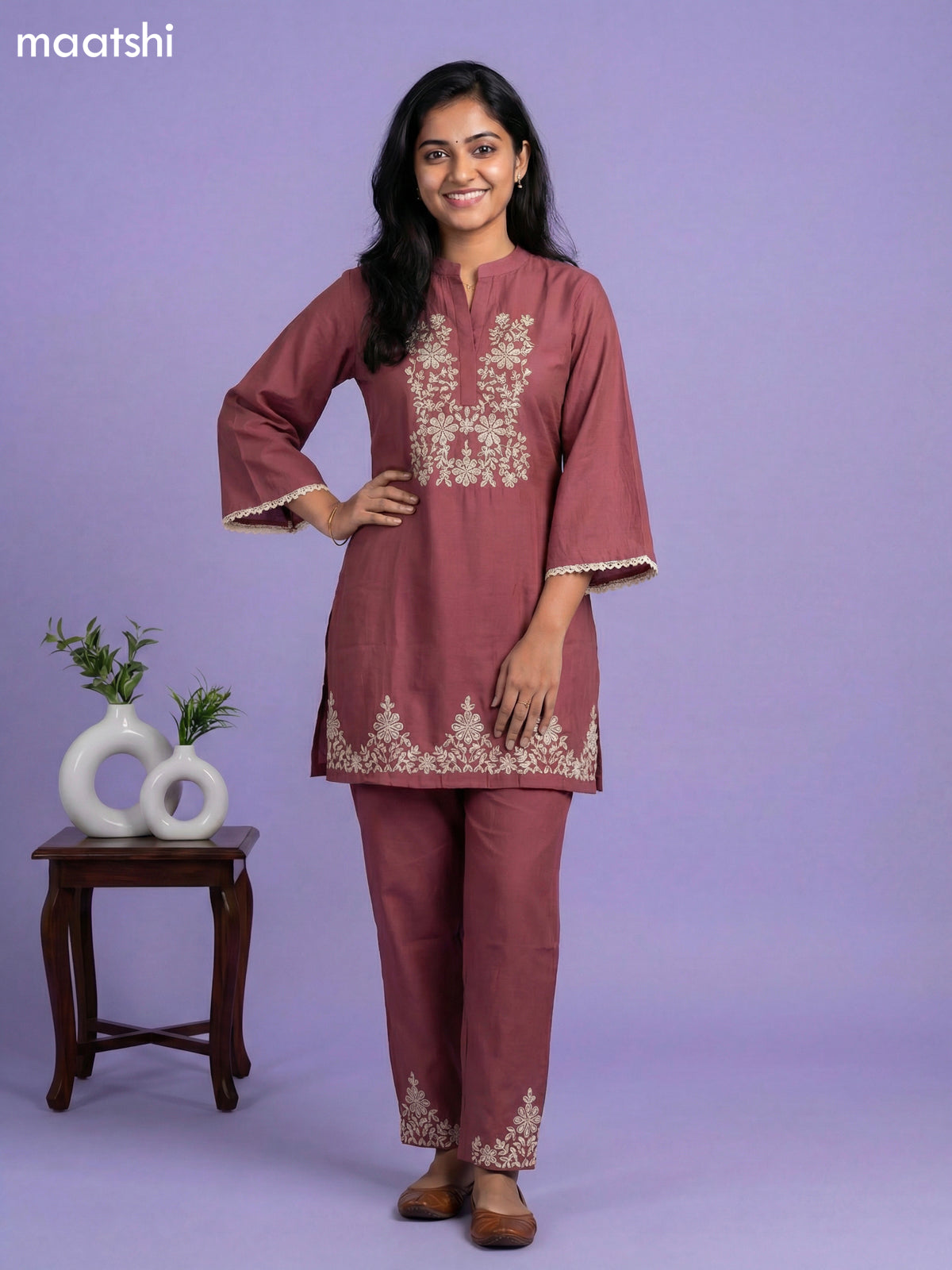 Onion Pink Chanderi Embroidery Work Short Co-Ord Set
