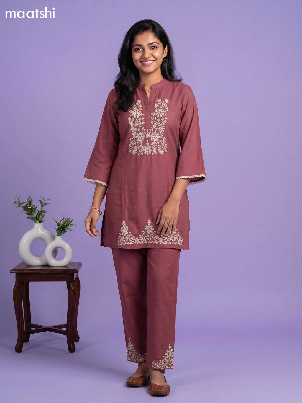 Onion Pink Chanderi Embroidery Work Short Co-Ord Set