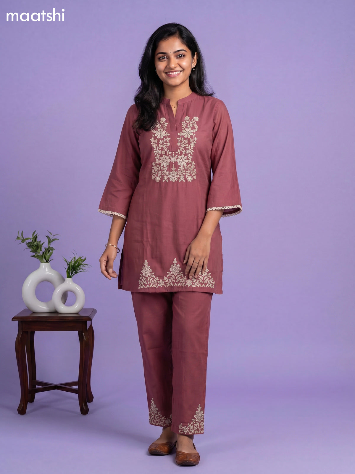 Onion Pink Chanderi Embroidery Work Short Co-Ord Set