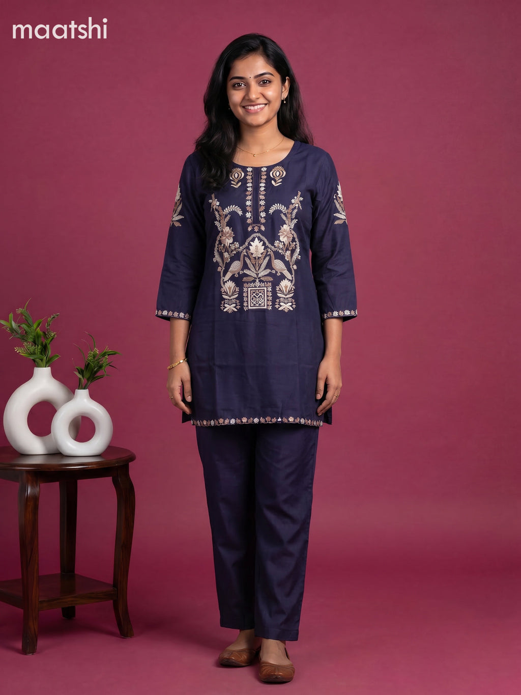 Navy Blue Chanderi Embroidery Work Short Co-Ord Set