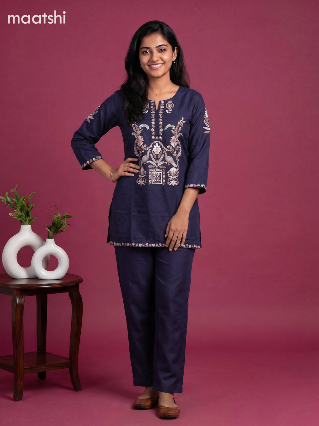 Navy Blue Chanderi Embroidery Work Short Co-Ord Set