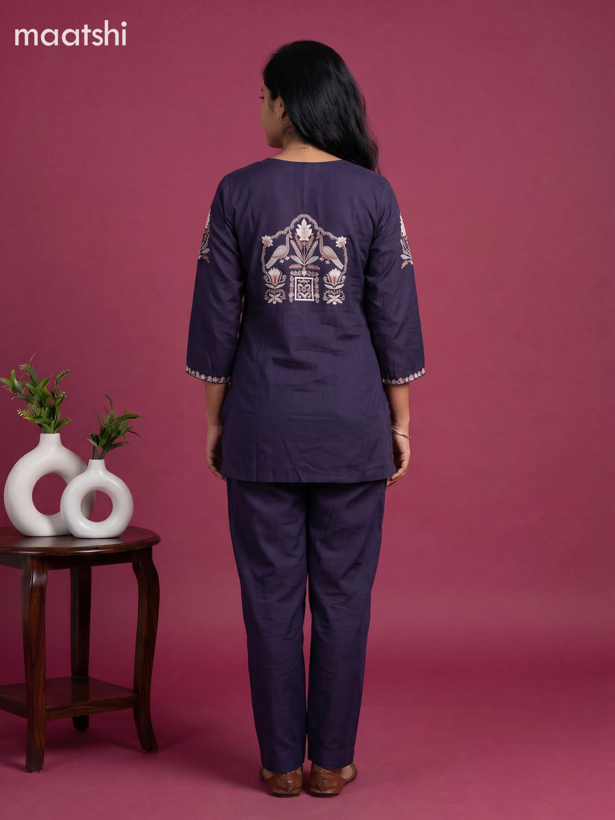 Navy Blue Chanderi Embroidery Work Short Co-Ord Set