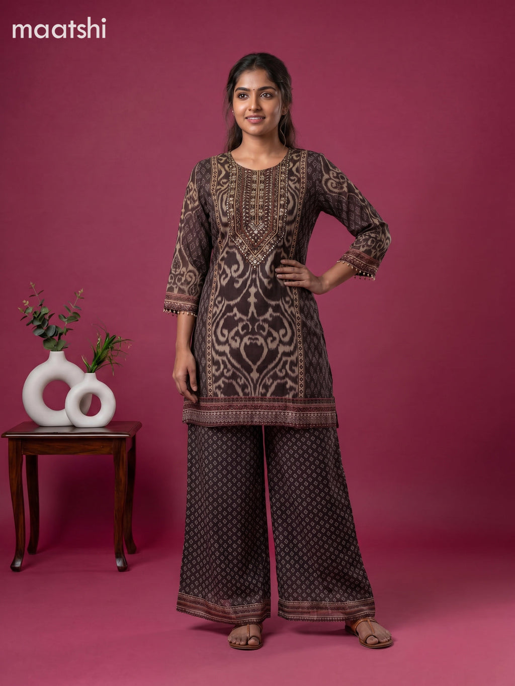Dark Brown and Beige Chinnon Silk Ikat Waves & Embroidery Work Short Co-Ord Set