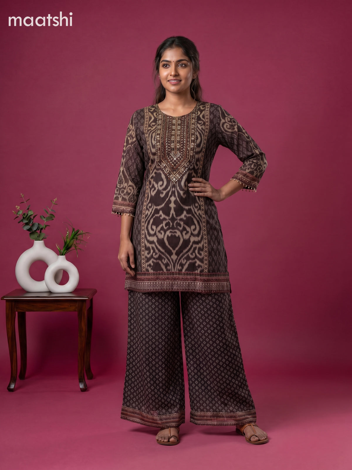 Dark Brown and Beige Chinnon Silk Ikat Waves & Embroidery Work Short Co-Ord Set