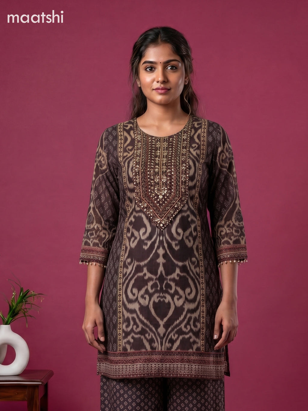Dark Brown and Beige Chinnon Silk Ikat Waves & Embroidery Work Short Co-Ord Set