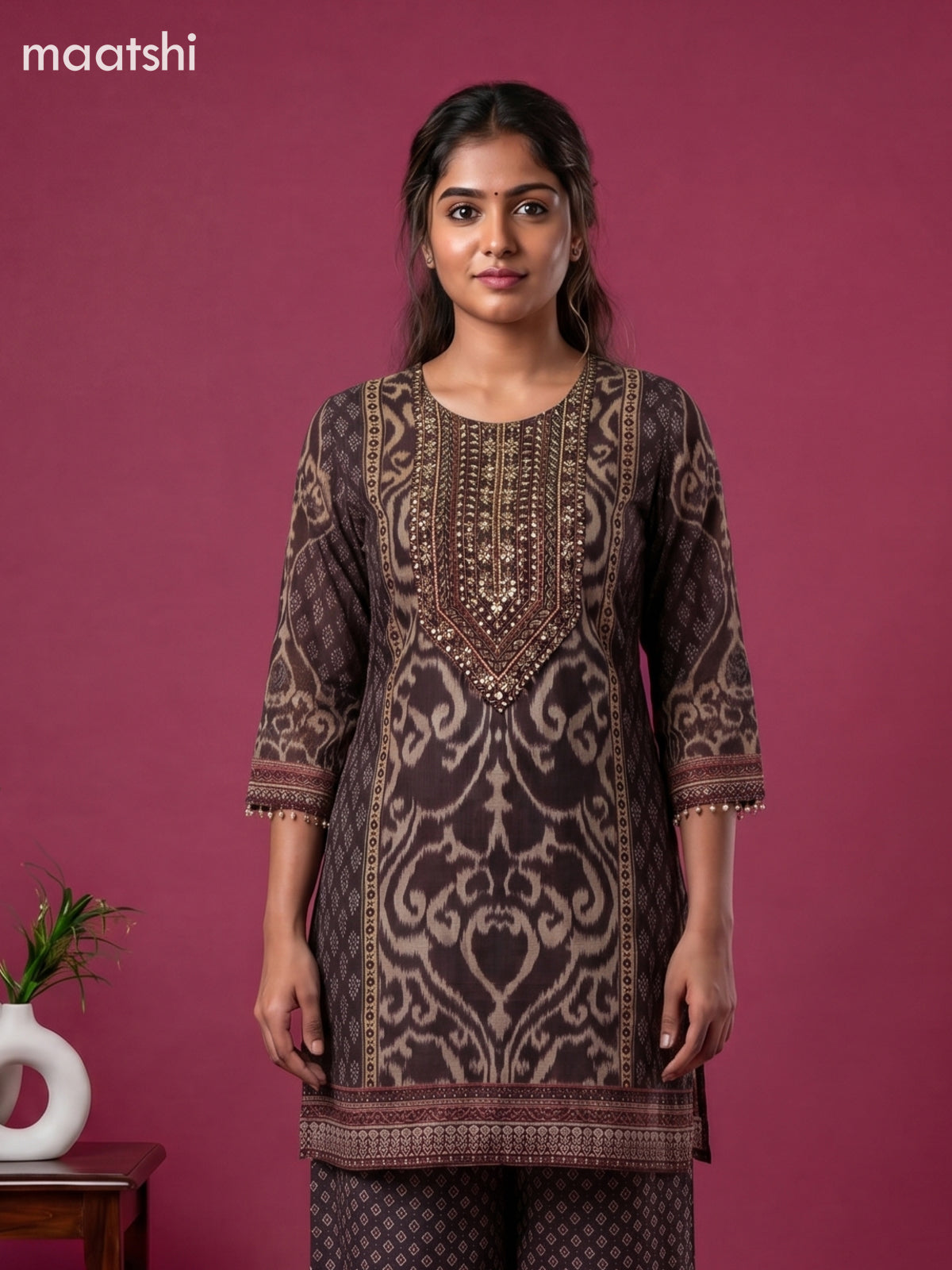 Dark Brown and Beige Chinnon Silk Ikat Waves & Embroidery Work Short Co-Ord Set