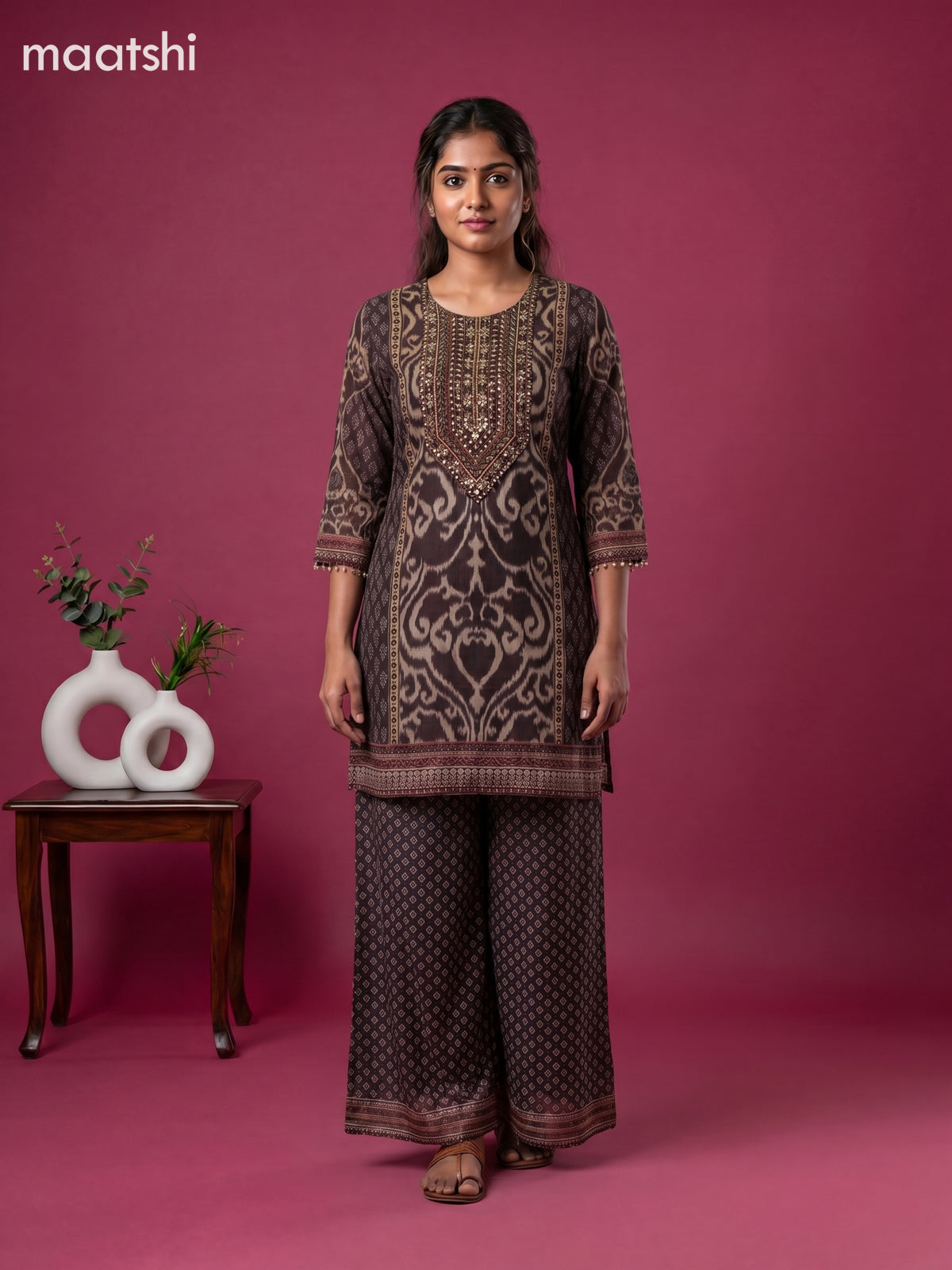Dark Brown and Beige Chinnon Silk Ikat Waves & Embroidery Work Short Co-Ord Set