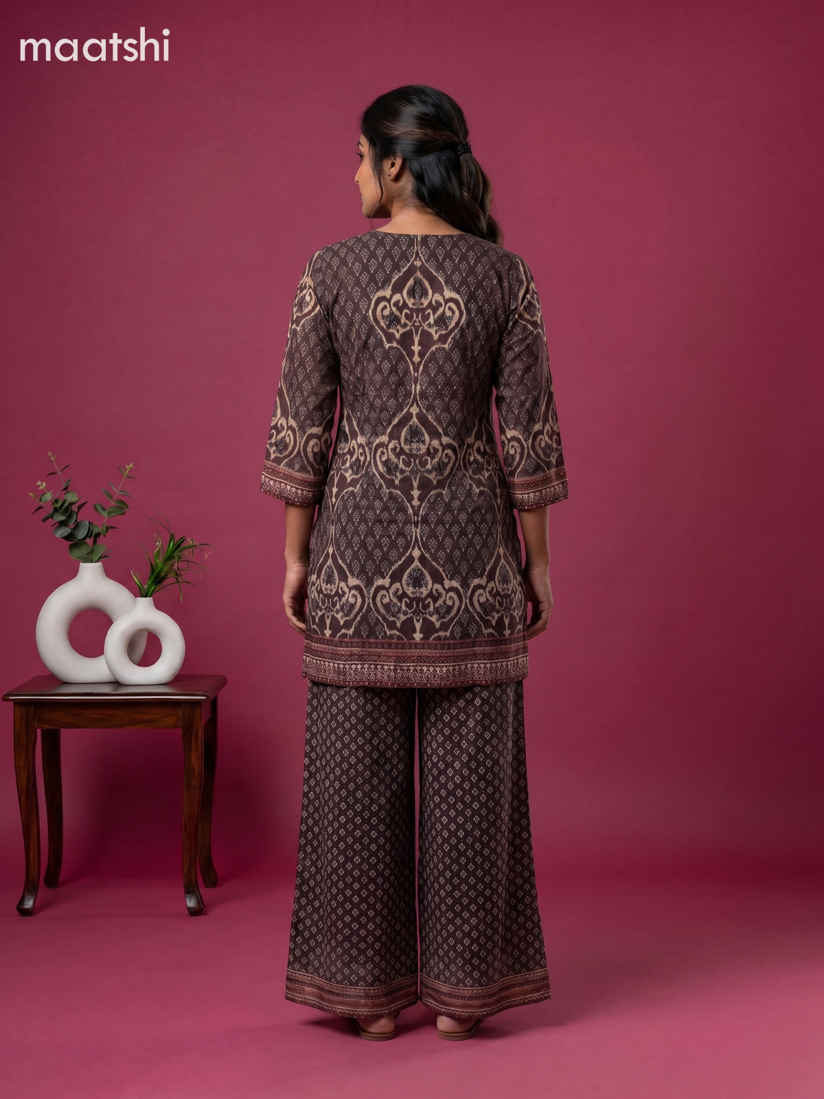 Dark Brown and Beige Chinnon Silk Ikat Waves & Embroidery Work Short Co-Ord Set
